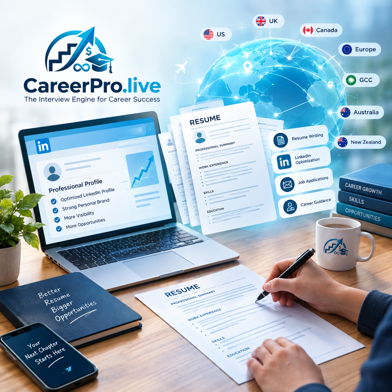 A career professional writing a resume with LinkedIn, career documents and global reach on screen